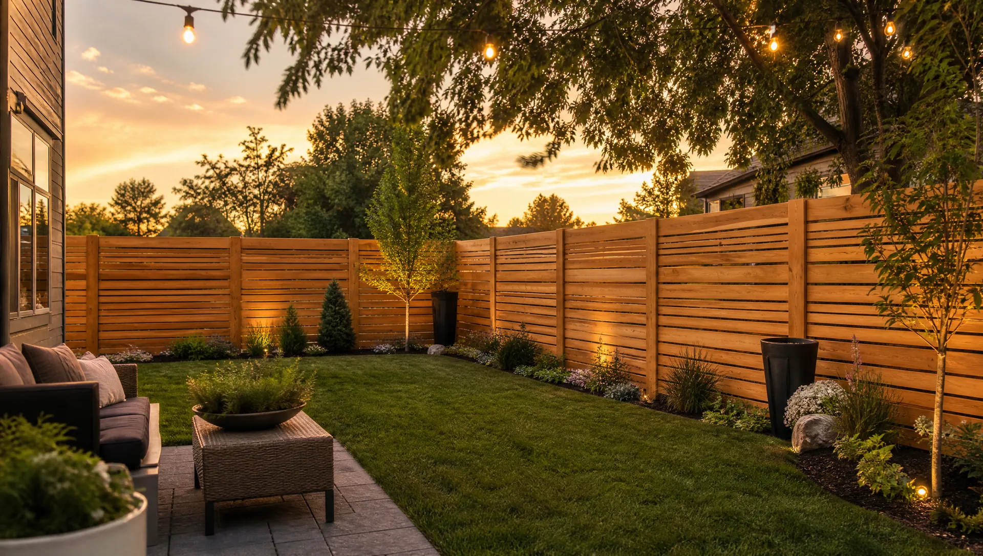 New horizontal cedar privacy fence around a Fort Collins backyard at golden hour