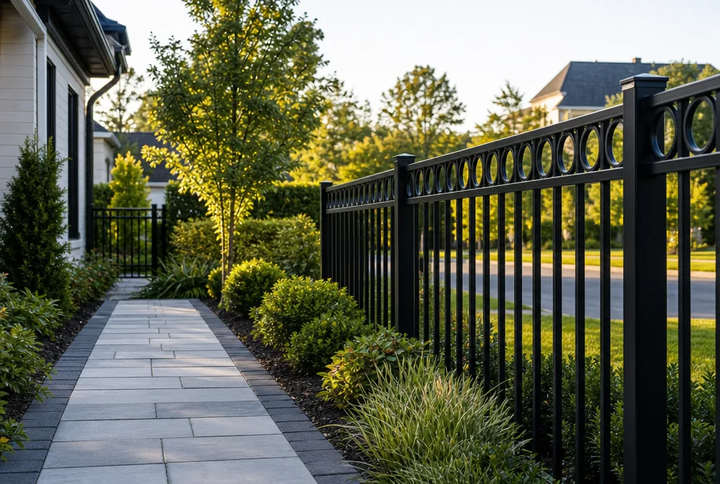 Black aluminum ornamental fence along a front yard