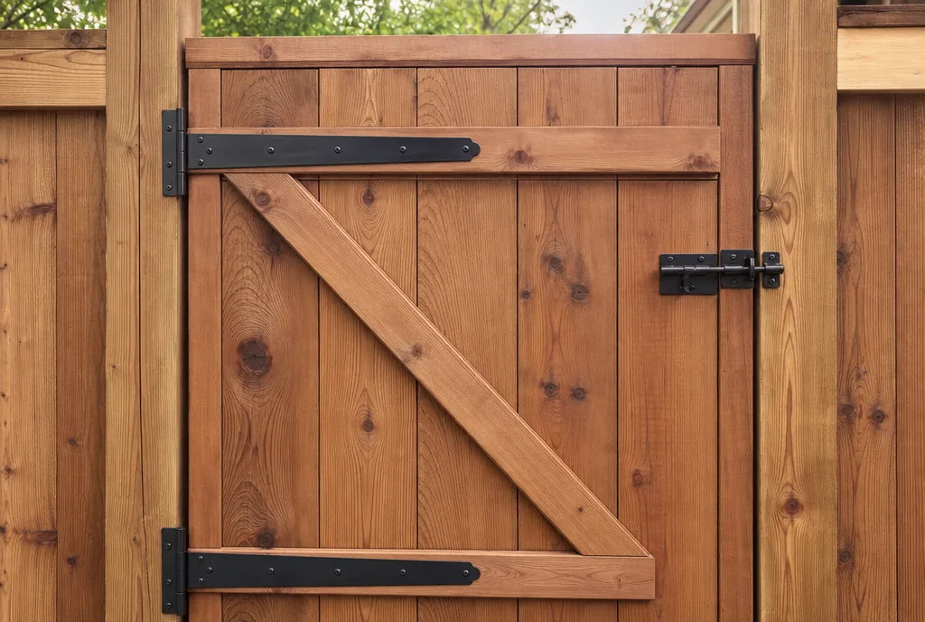 Cedar gate with black steel hardware